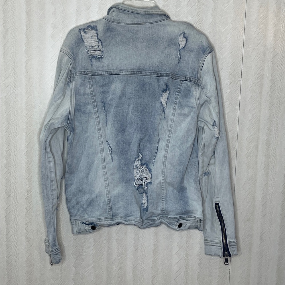 KILOGRAM Mens DISTRESSED MOTO REPAIR JEAN JACKET Denim Jacket Size L - Picture 3 of 4